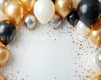 Balloon Arch Party Backdrop for Meetings, Golden Confetti Celebration, Birthday Virtual Digital Image, GoogleMeets Zoom Backgrounds