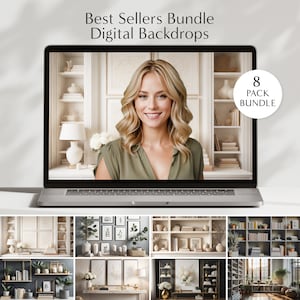 May include: A laptop screen displaying a woman in front of a bookshelf backdrop. The screen text reads "Best Sellers Bundle Digital Backdrops". Below the laptop are eight different digital backdrops featuring bookshelves with various decor.