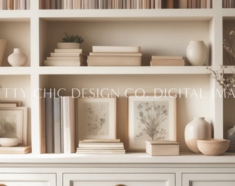 Aesthetic Beige Bookshelf Background, Virtual Office, Zoom, Professional Teams, Digital Image, GoogleMeets Backgrounds