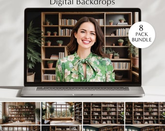 Bibliophile's Bookshelf Bundle, Pack of 8 Digital Backgrounds for Meetings, Office Backdrop , Professional Teams, Books Digital Image, Meets