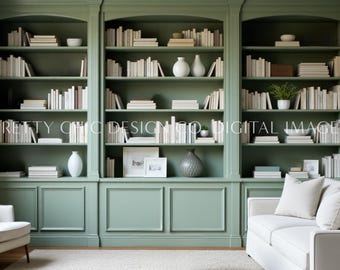 Sage Bookshelves Background, Classic Elevated Backdrop for Meetings, Virtual Office, Professional Teams, Streaming, GoogleMeet, Youtube