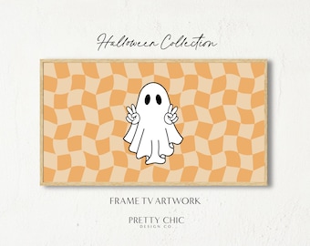 Peace Ghost Frame TV Art, Halloween TV Artwork, Digital Download, Orange Pumpkin Party Decor, Premium Samsung Art, Wavy Checker Background