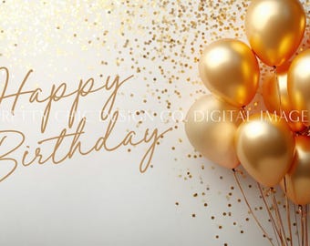 Happy Birthday Balloons Party Backdrop for Meetings, Golden Confetti Celebration, Gold Virtual Digital Image, GoogleMeets Zoom Backgrounds