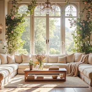 May include: A large, white sectional sofa with a cream-coloured throw blanket sits in a sunlit room with large windows. The windows are framed by lush greenery and vines with pink flowers.