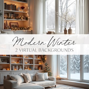 May include: A cozy living room with a white couch, a bookshelf with lights, and a large window overlooking a snowy winter scene. The text "Modern Winter 2 VIRTUAL BACKGROUNDS" is displayed on a white banner.