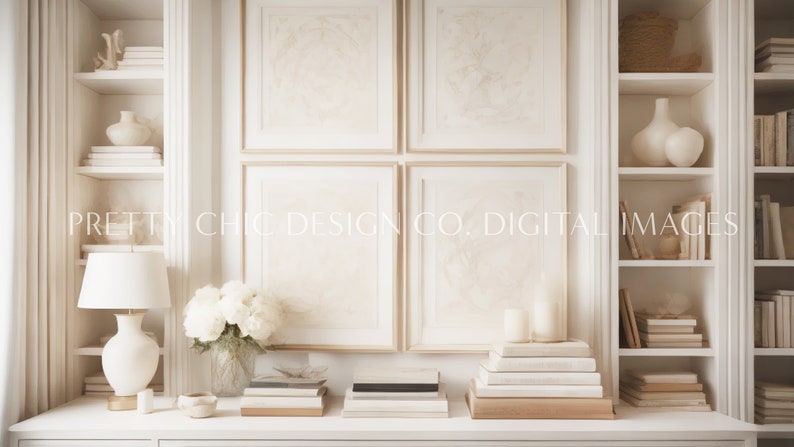 May include: A white bookshelf with a white vase and books on the shelves. A white lamp with a white shade is on a white table with a vase of white flowers. There are four framed pictures on the wall behind the table. The pictures are all white with a gold frame. The text "PRETTY CHIC DESIGN CO. DIGITAL IMAGES" is on the wall.