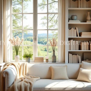 Puede incluir: Un sofá blanco con cojines beige se encuentra en una habitación soleada con una gran ventana que da a un paisaje verde. Estanterías llenas de libros bordean las paredes. Un ramo de flores secas se encuentra sobre una mesa junto a la ventana.