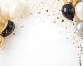 Happy Birthday Balloons Party Backdrop for Meetings, Golden Confetti Celebration, Gold Virtual Digital Image, GoogleMeets Zoom Backgrounds