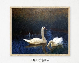 White Swans Printable Vintage Landscape Painting | Wall Art | Curated Digital Art Print Wall Decor | Downloadable Digital Art | Download