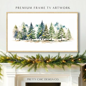 May include: Watercolour painting of a row of green pine trees with a light blue sky and white clouds in the background. The painting is framed in a light wood frame.