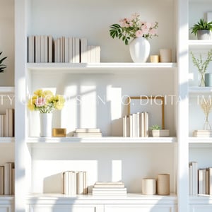 May include: White bookshelf with five shelves filled with books, plants, and decorative items. The shelves are against a white wall.