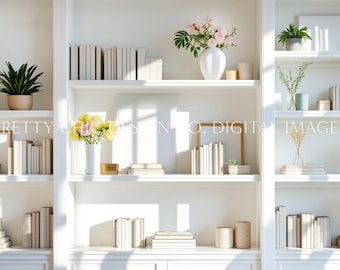Spring Bookshelf Background, White Shelves Background for Meetings, Office Virtual Backdrop, Digital Image, GoogleMeets Desktop Backgrounds