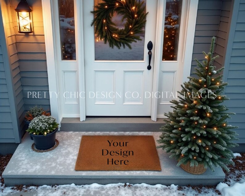 May include: A brown doormat with the text "Your Design Here" on it. The doormat is in front of a white door with a Christmas wreath on it. There is a small Christmas tree with lights on it to the right of the doormat.