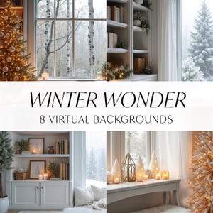 May include: Eight virtual backgrounds featuring winter scenes. The backgrounds include a snowy forest, a window with a view of a snowy forest, a bookshelf with candles and a Christmas tree, and a window with a view of a snowy forest with a Christmas tree.