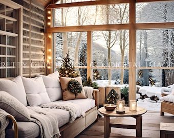 Cozy Winter Porch Background, Zoom Background for Meetings, Snowy Virtual Office, Professional Teams, Digital Image, GoogleMeets Backgrounds