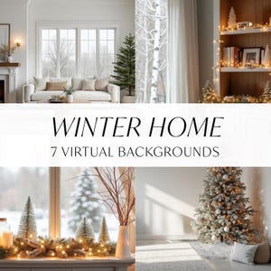 May include: Seven virtual backgrounds featuring winter home scenes.  The backgrounds include a living room with a white couch and a window view of a snowy landscape, a bookshelf with a white Christmas tree and string lights, a window with a snowy landscape and a garland of lights, a room with a white Christmas tree and a white rug, and a room with a window and a snowy landscape.