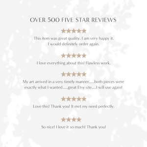 May include: Screenshot of five-star reviews for an Etsy shop. The reviews highlight the quality of the products, timely shipping, and excellent customer service. The text reads "Over 500 Five Star Reviews".