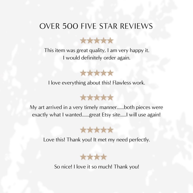 May include: Screenshot of five-star reviews for an Etsy shop. The reviews highlight the quality of the products, timely shipping, and excellent customer service. The text reads "Over 500 Five Star Reviews".