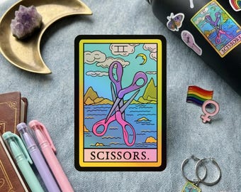 Zwei Schere Hologramm Tarot Karte Witchy ästhetik LGBTQIA + Pride Feminist Statement Sticker Hydroflask Geschenk für Masc AWLA Sapphic Lesben