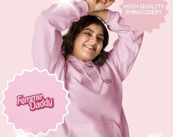 Sudadera con capucha bordada de calidad estética rosa para mujer, regalo de orgullo LGBTQIA+, declaración feminista, lesbiana, masc, WLW, regalo de San Valentín sáfico