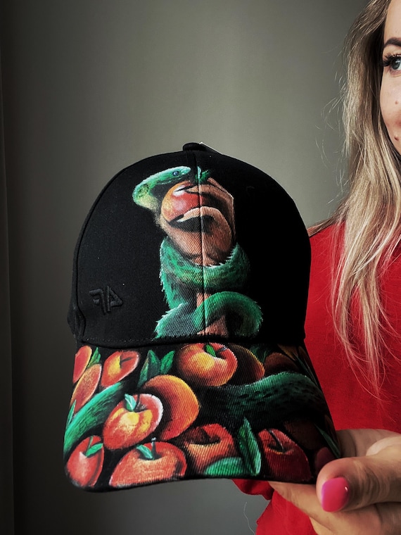 Hand Painted Snake and Apple Cap – Custom Baseball Hat With  display picture 2
