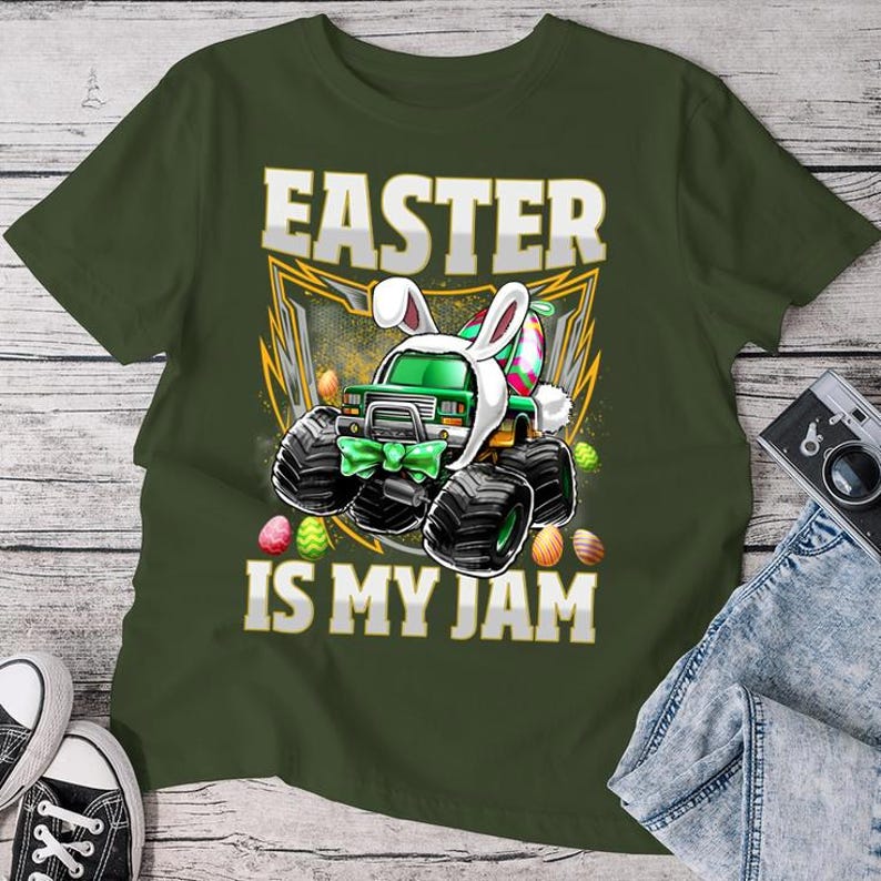 May include: Green t-shirt with a monster truck wearing bunny ears and the text "Easter is my jam".