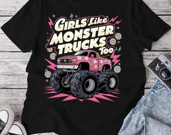 モンスタートラック好きの女の子もモンスタートラックが好きTシャツ、かわいいピンクの花柄モンスタートラックTシャツ（女性用）、トラック好きのための楽しいグラフィックTシャツ
