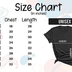 May include: Unisex t-shirt size chart in inches. The chart shows chest and length measurements for sizes S through 5XL.