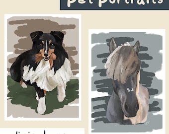 May include: Digital art prints featuring pet portraits. One print shows a dog with black, white, and brown fur, holding an object. The other print is of a horse with a gray and tan coat. The text "Pet Portraits" and "digital art" are included.