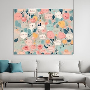 Whimsical Cats & Floral Pattern Printable Wall Art | Cute Nursery Decor