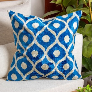 Ikat Pillow Blue - Blue Throw Pillow Cover - Blue Sofa Pillow - Blue Couch Pillow - Blue Velvet Pillow - Teal Ikat Pillows