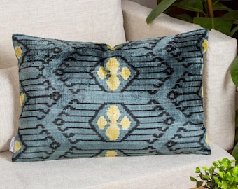 Velvet Ikat Pillow Midnight, Luxury Pillow Cover, Gray and Yellow Throw Pillow, Cozy Throw Pillow, Ideal for Livingroom and Bedroom