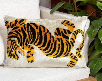 Tiger Ikat Pillow, Animal Pattern Throw Pillow, Yellow and Black Decorative Pillow Ikat Lumbar Pillow