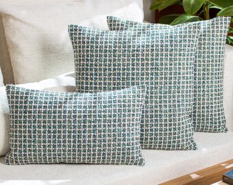 Grüne Tweed Kissenbezüge 3er Set: Geometrische Wollmischung, 20x20 & 12x20