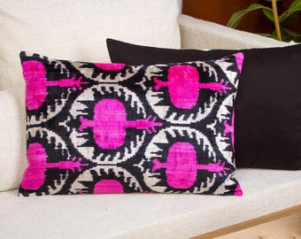 Pink Ikat Pillow Pomegranate,Pink and Black Pillow, Pink Velvet Throw Pillow, Pink Pattern Pillow, Lumbar Bedroom Pillow 16x24 Inches