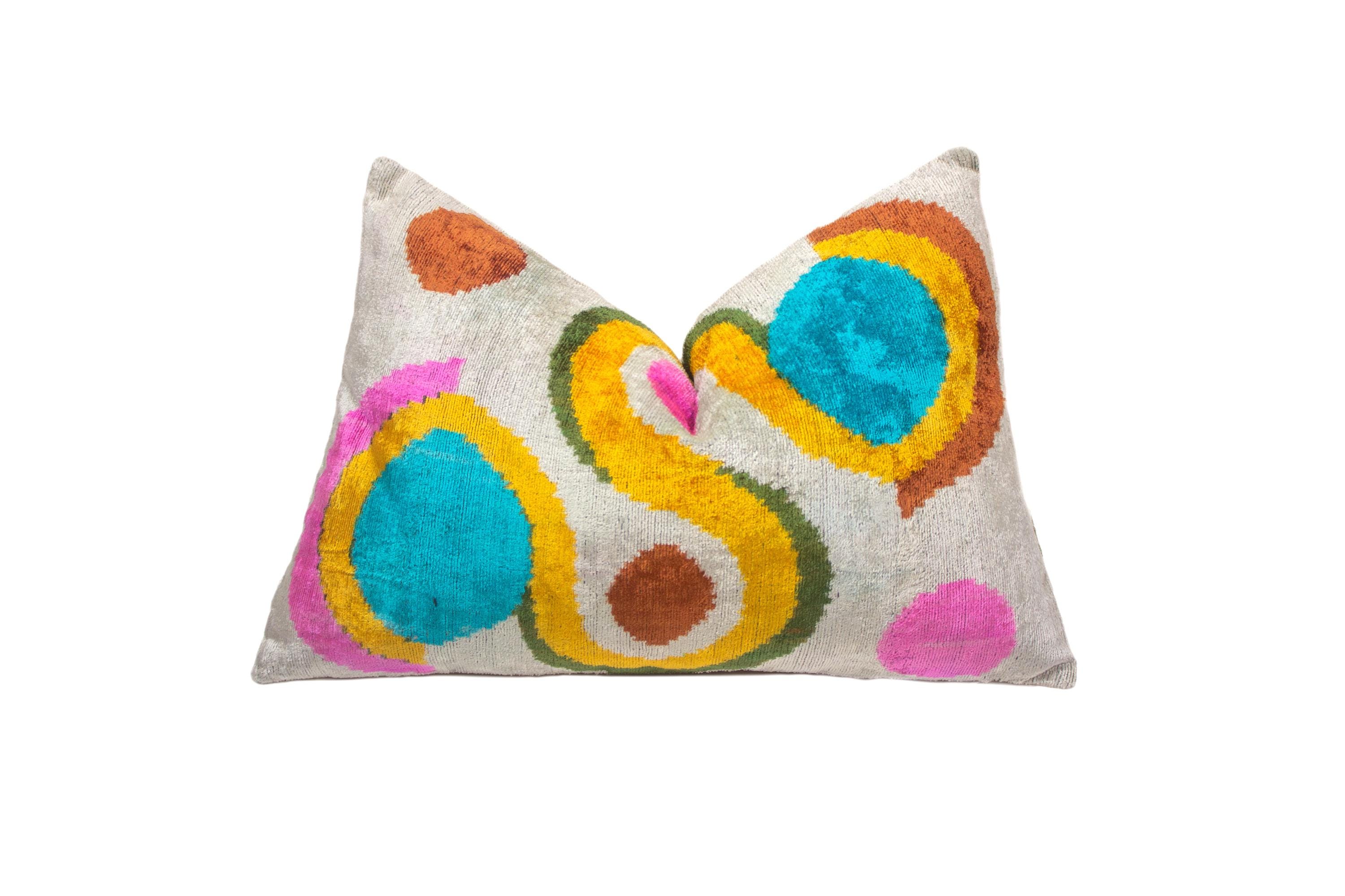 Yellow Spiral Velvet Ikat Pillow, Turquoise Pink and Yellow Throw Pillow, Pink Velvet Pillow, Bedroom Decorative Pillow