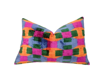 Modern Velvet Ikat Pillow Cover, Colorful Throw Pillow, Velvet Pattern Cushion Cover, Ideal for Bedroom Decor