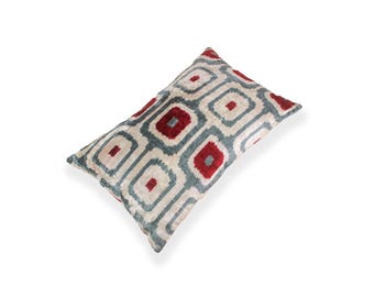 Red and Grey Velvet Ikat Pillow-Luxurious Red Velvet Cushion-Unique Red Velvet Ikat Pillow