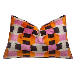 Velvet Ikat Pillow Sunset,Pink and Cooper Pillow, Pink Ikat Pillow, Modern Pink Pillow, Pink and Orange Pillow,
