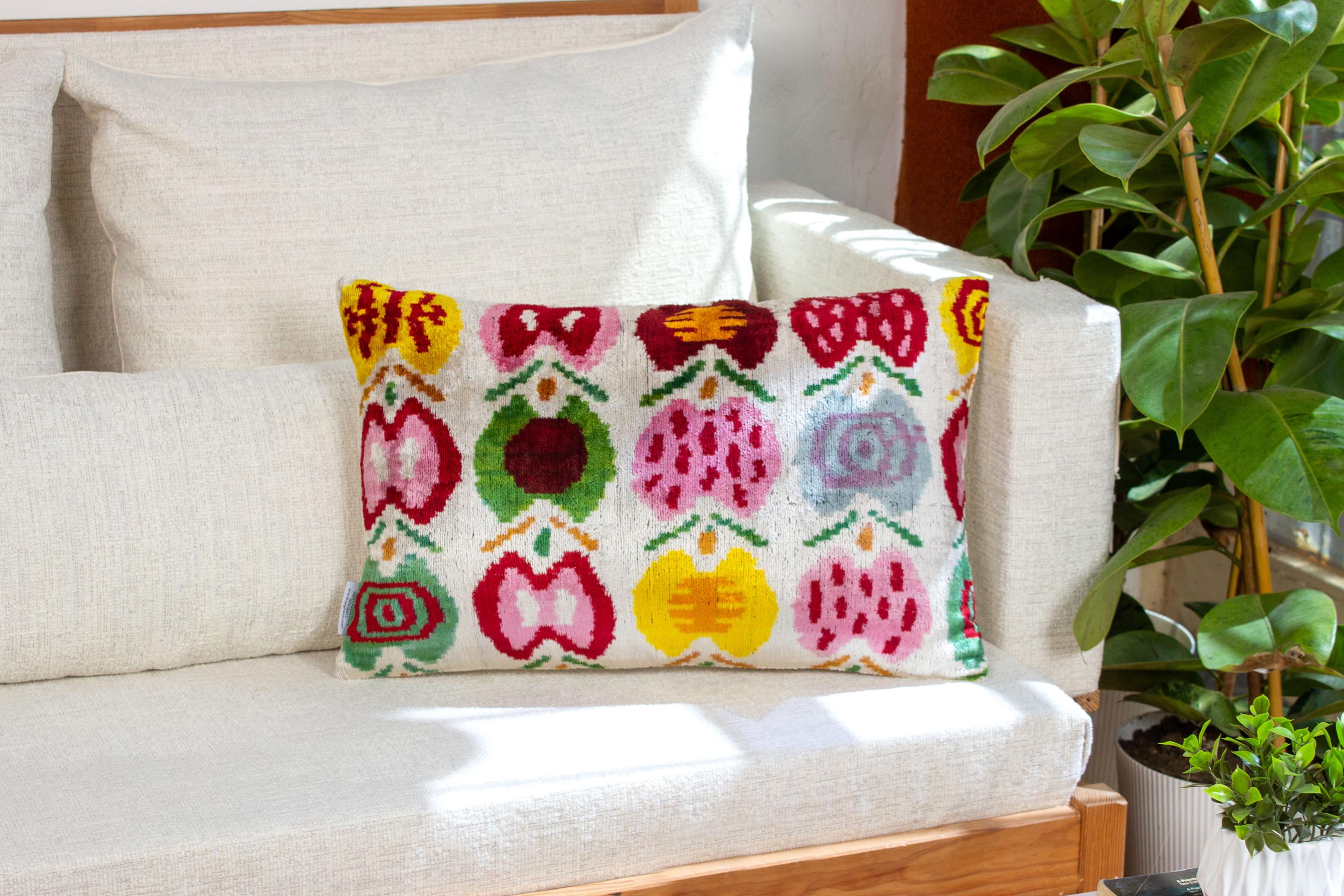 Velvet Ikat Lumbar Pillow Cover: Colorful Modern Accent Pillow