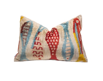Ikat Pillow SeaStream | Decorative Velvet Pillow | Modern Abstract Velvet Pillow | Blue And Red Accent Pillow | Abstract Art Velvet Pillow