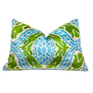 Green & Blue Ikat Velvet Pillow Cover: Luxury Decorative Throw