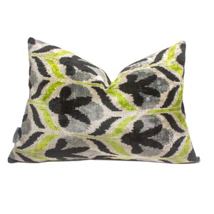 Green & Gray Ikat Velvet Pillow Cover: Leaf Shadow Design