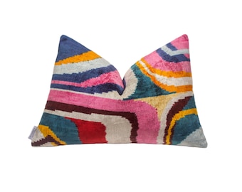 Ikat Decorative Cushion, Velvet Pillow Multicolor,Bright Colored Cushion,Stylish Velvet Cushion,Colorful Velvet Pillow