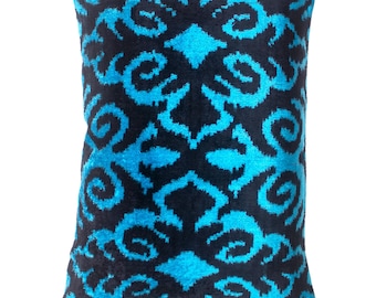 Luxury Ikat Velvet Pillow Cover: Black & Turquoise Decorative Pillow