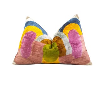 Colorful Velvet Ikat Pillow,Pink and Navy Velvet Pillow,Pattern Velvet Pillow,Silk Velvet Pillow 22x22