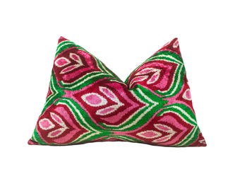 Decorative Throw Cushion-Pink and Green Ikat Velvet Pillow-Luxury Home Decor