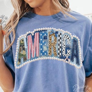 America PNG Patchwork Letters, Faux Pearl Patriotic Mixed Pattern Design, 4th of July Shirt PNG, USA Sublimation Digital Download