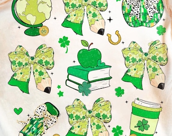 Teacher St Patrick’s day Coquette PNG, St Patricks day Teacher Png, Retro Teacher Gift, Lucky Teacher Pencil Bow Shirt design, Teacher png