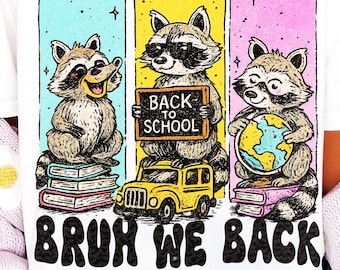 Bruh We Back PNG, rolig tvättbjörn tillbaka till skolan png, retro tvättbjörnshumor första dagen png, lärarpresent sublimering trendig söt rolig skola